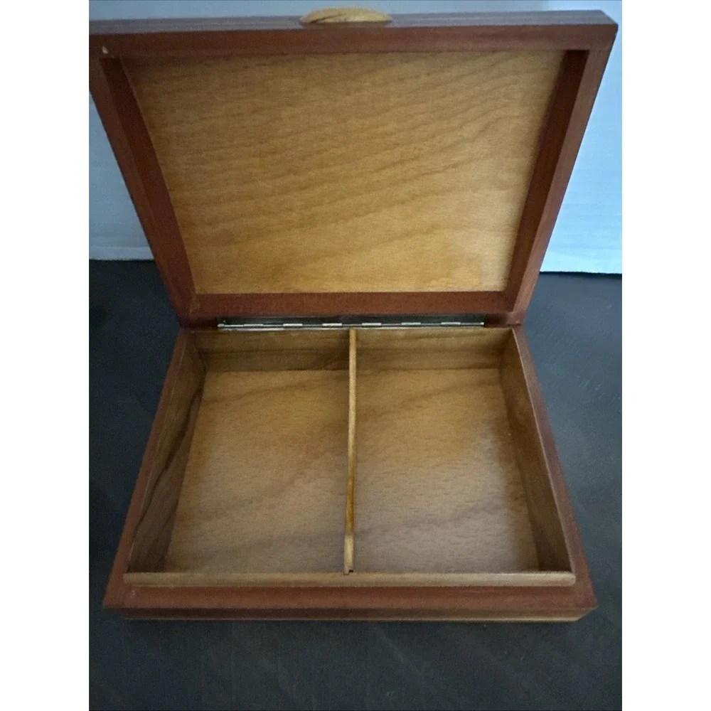 Vintage Wood Jewelry Box Bird and Angel Design Marquetry Inlay